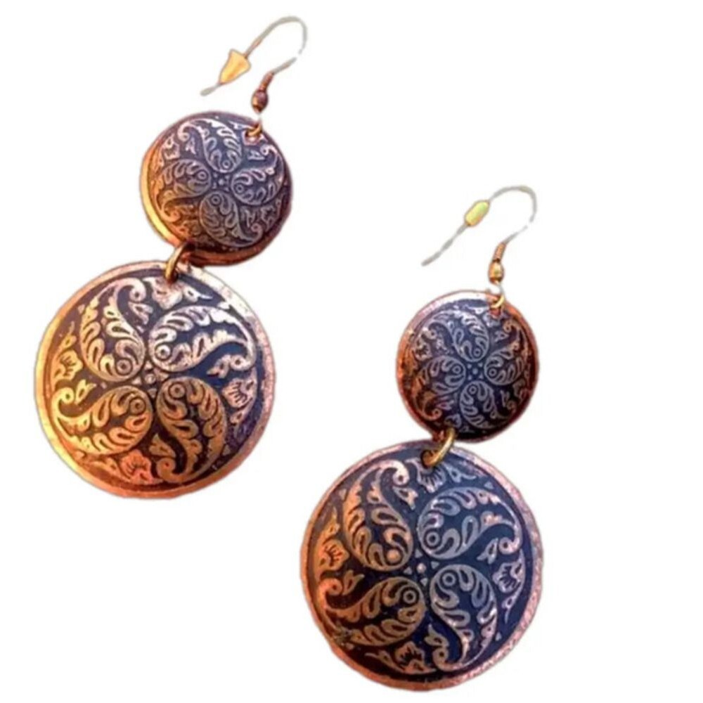 Vintage bronze boho earrings etched bohemian global shabby chic folk rustic 90s
